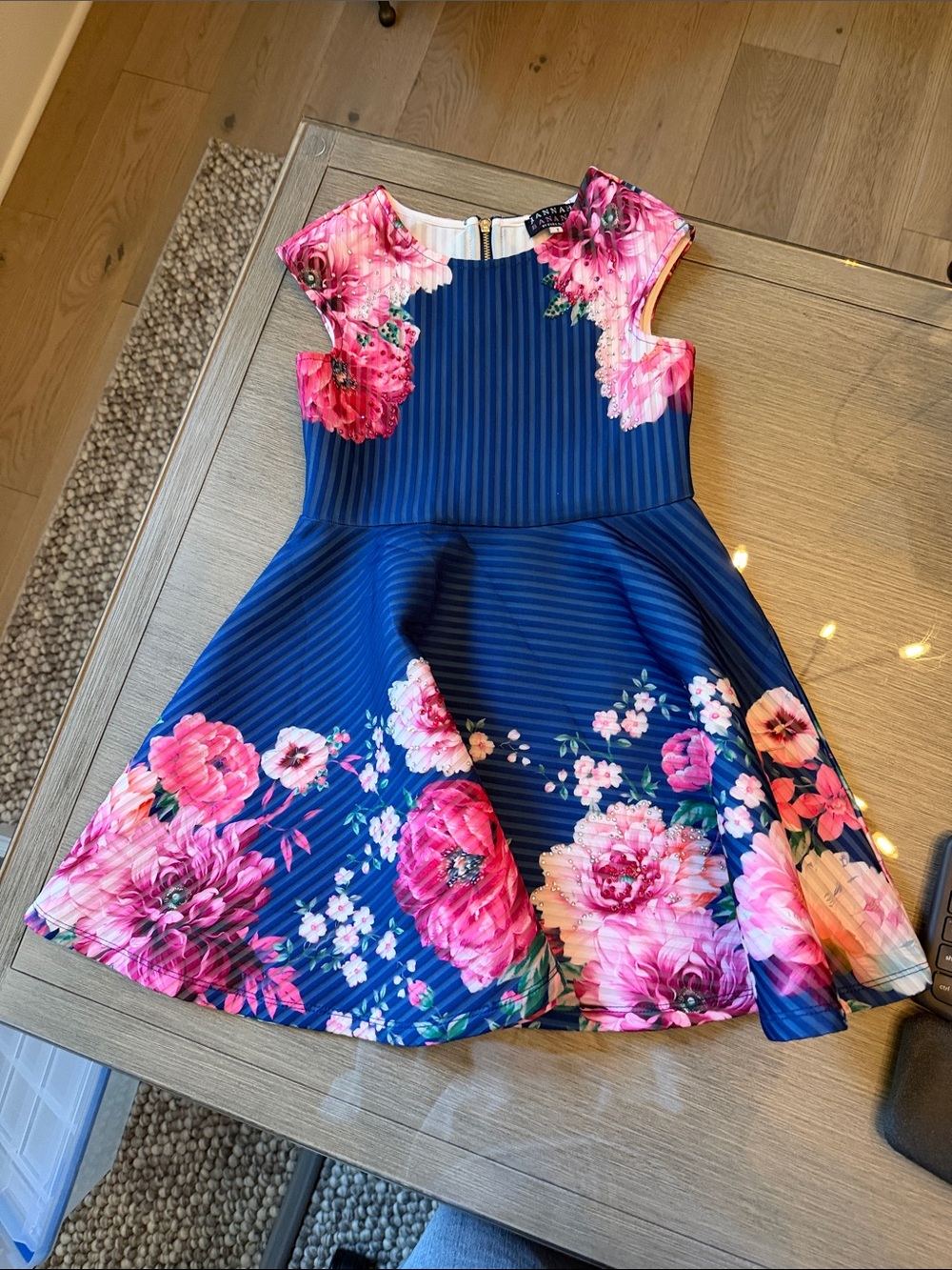 Hannah Banana Navy Dress with Pink Floral Border